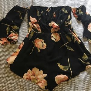 Floral off the shoulder, flowy arm romper